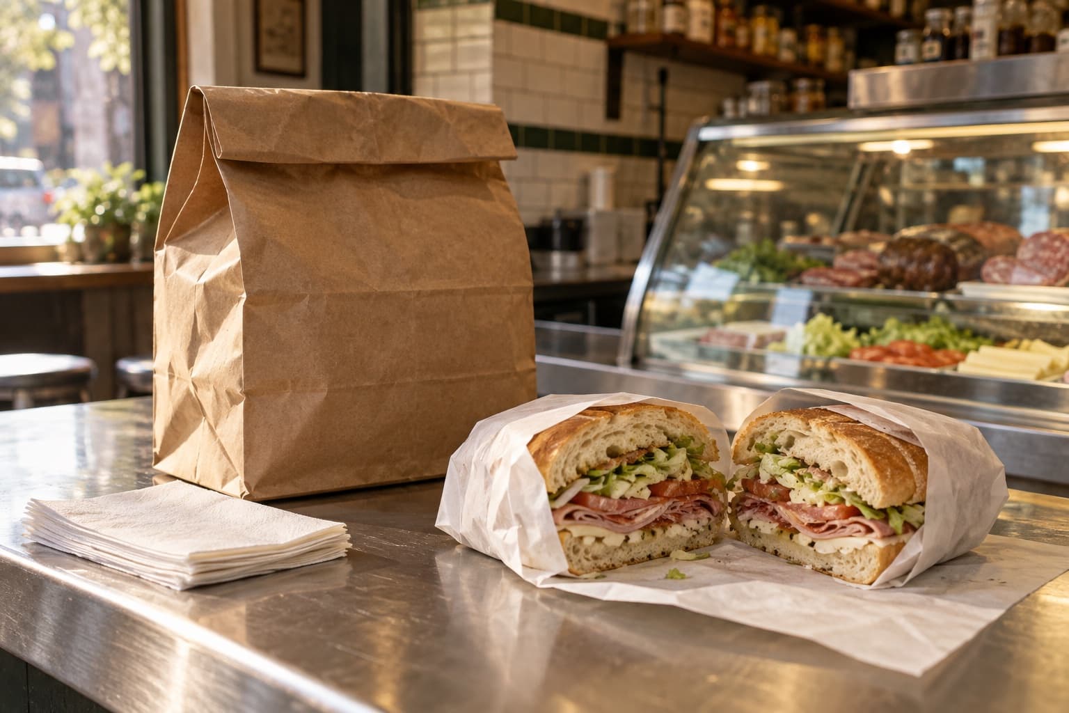 A wrapped sandwich and takeaway bag on a neighborhood deli counter