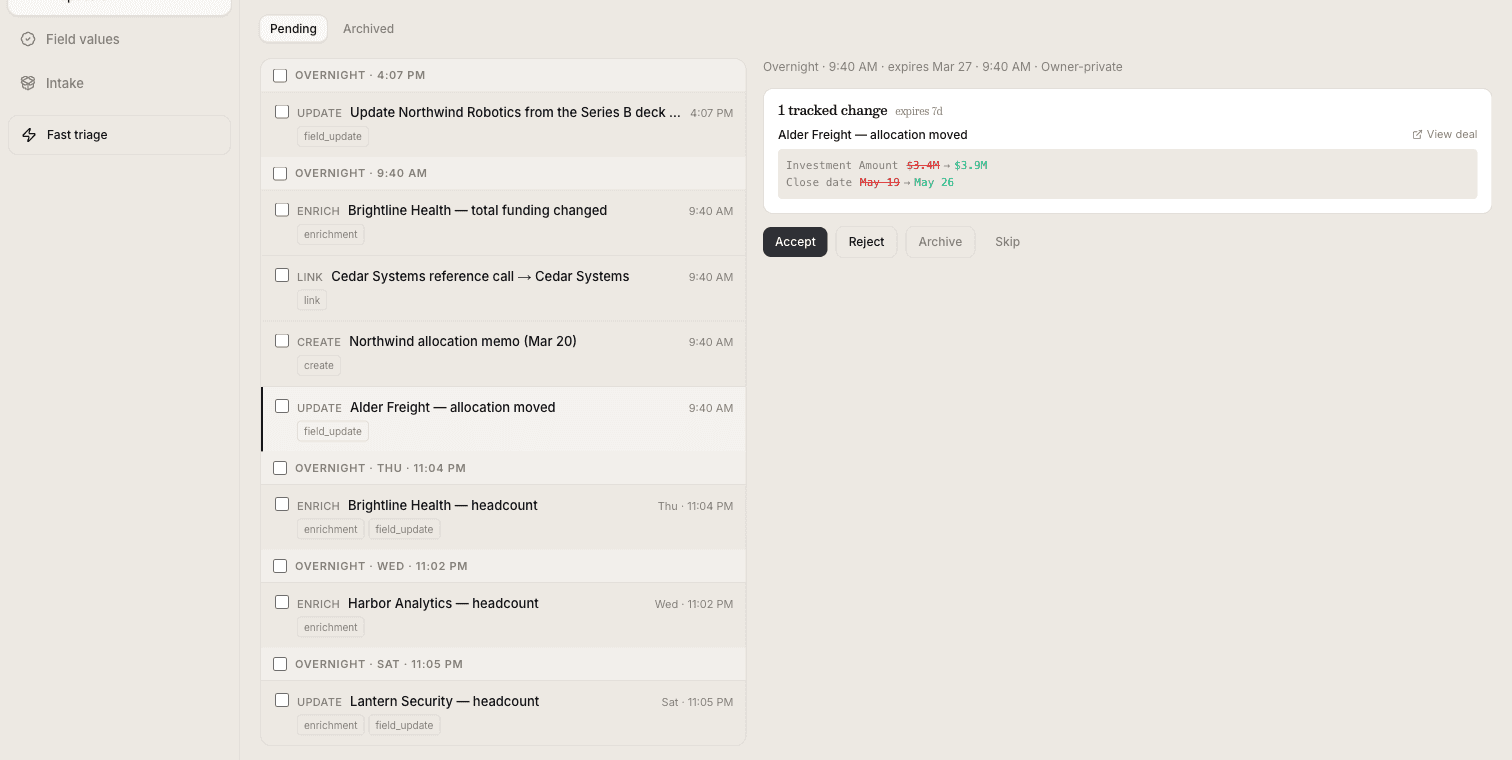 A real Synchronized intake queue: pending source-linked proposals with a tracked change ready to accept or reject