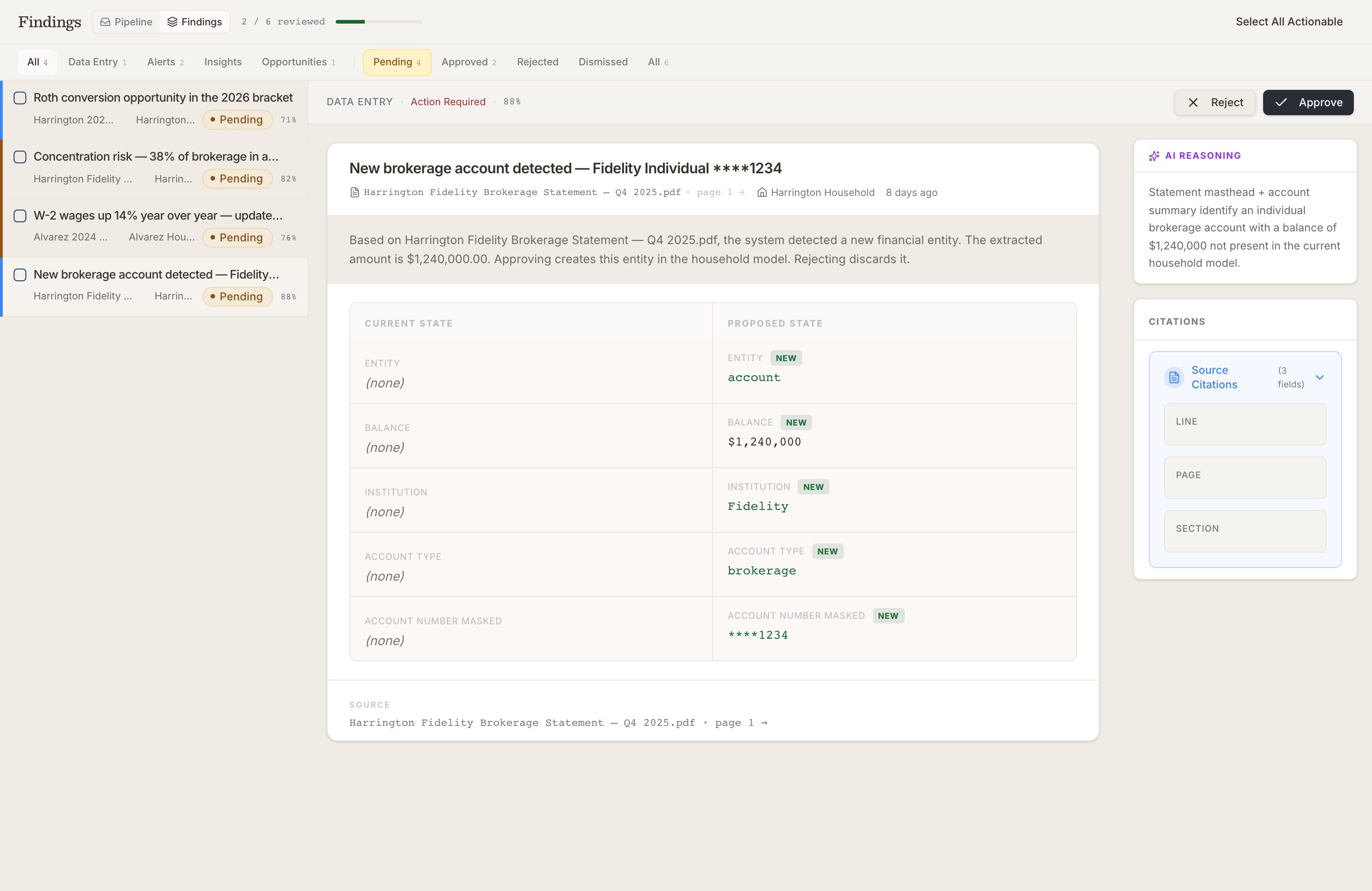 Findings queue with a proposed brokerage account awaiting advisor confirmation