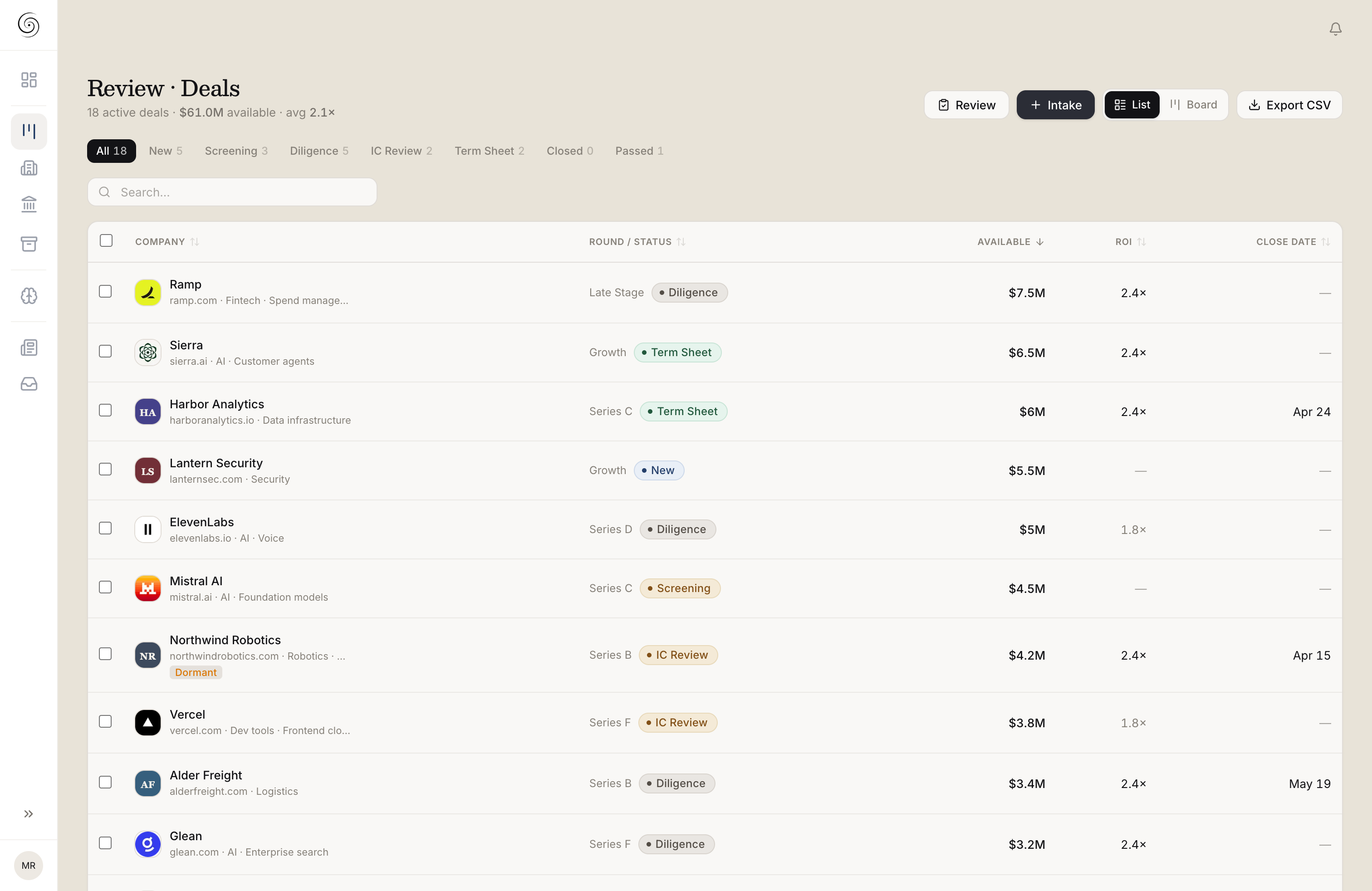 Deal pipeline with live companies, rounds, and status