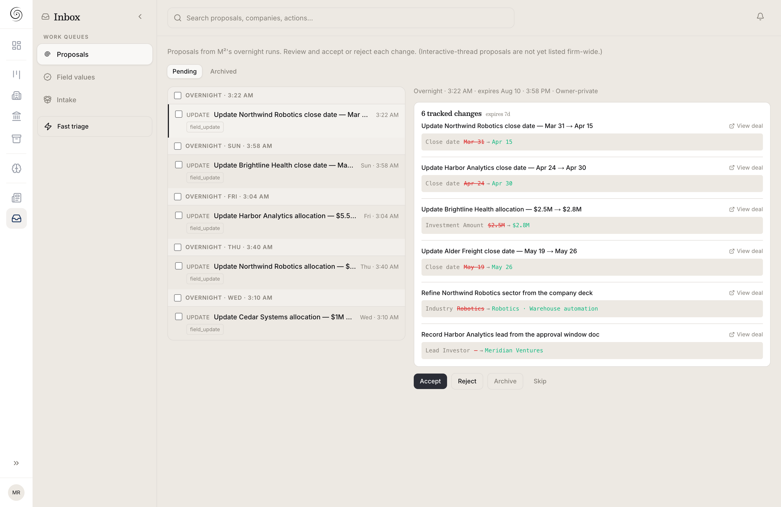 Review queue showing proposed field updates with their sources