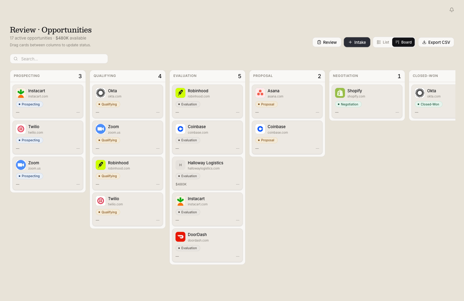 Sales pipeline board with live accounts across stages