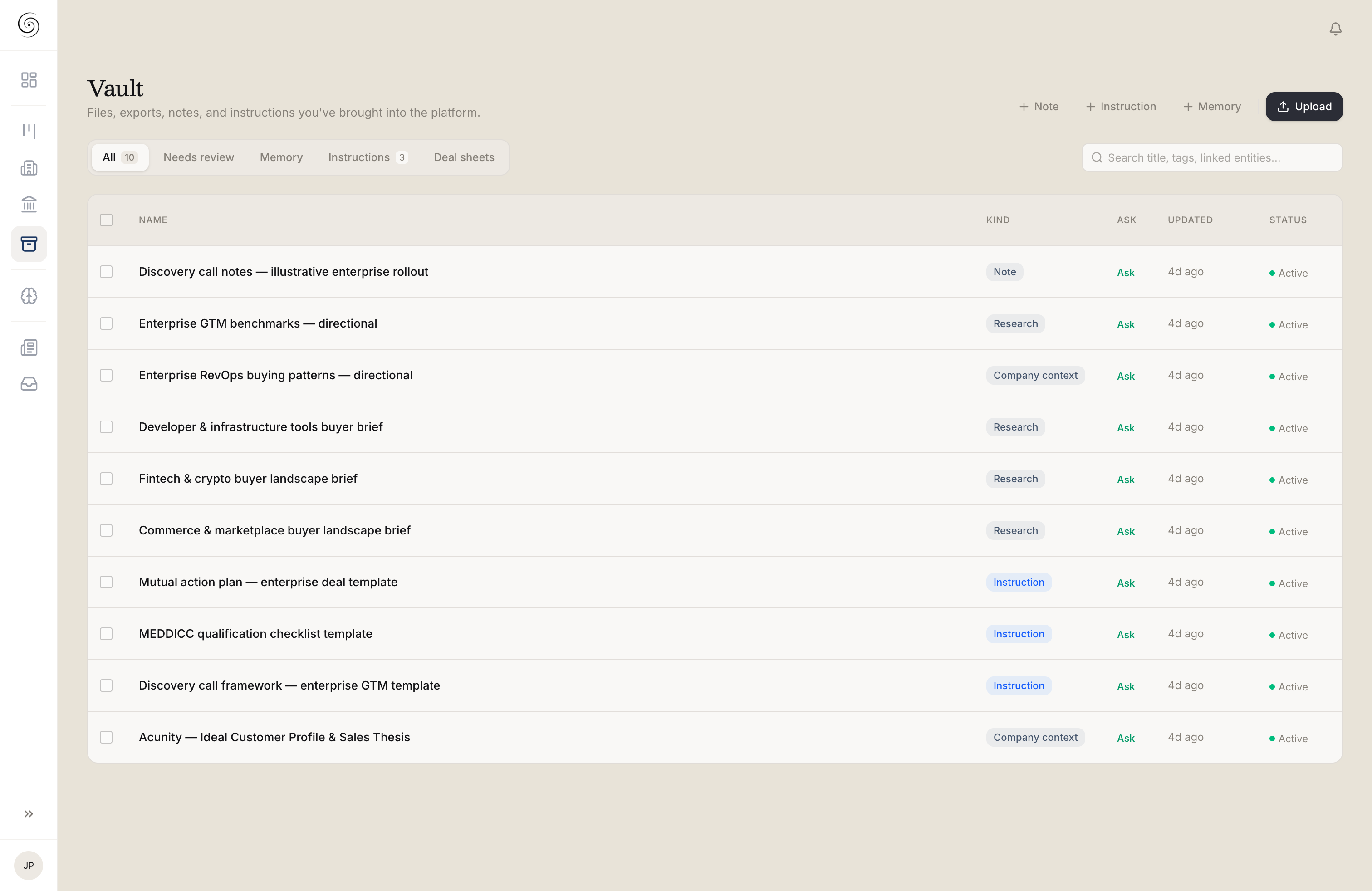 Vault of account intelligence — briefs, playbooks, and call notes